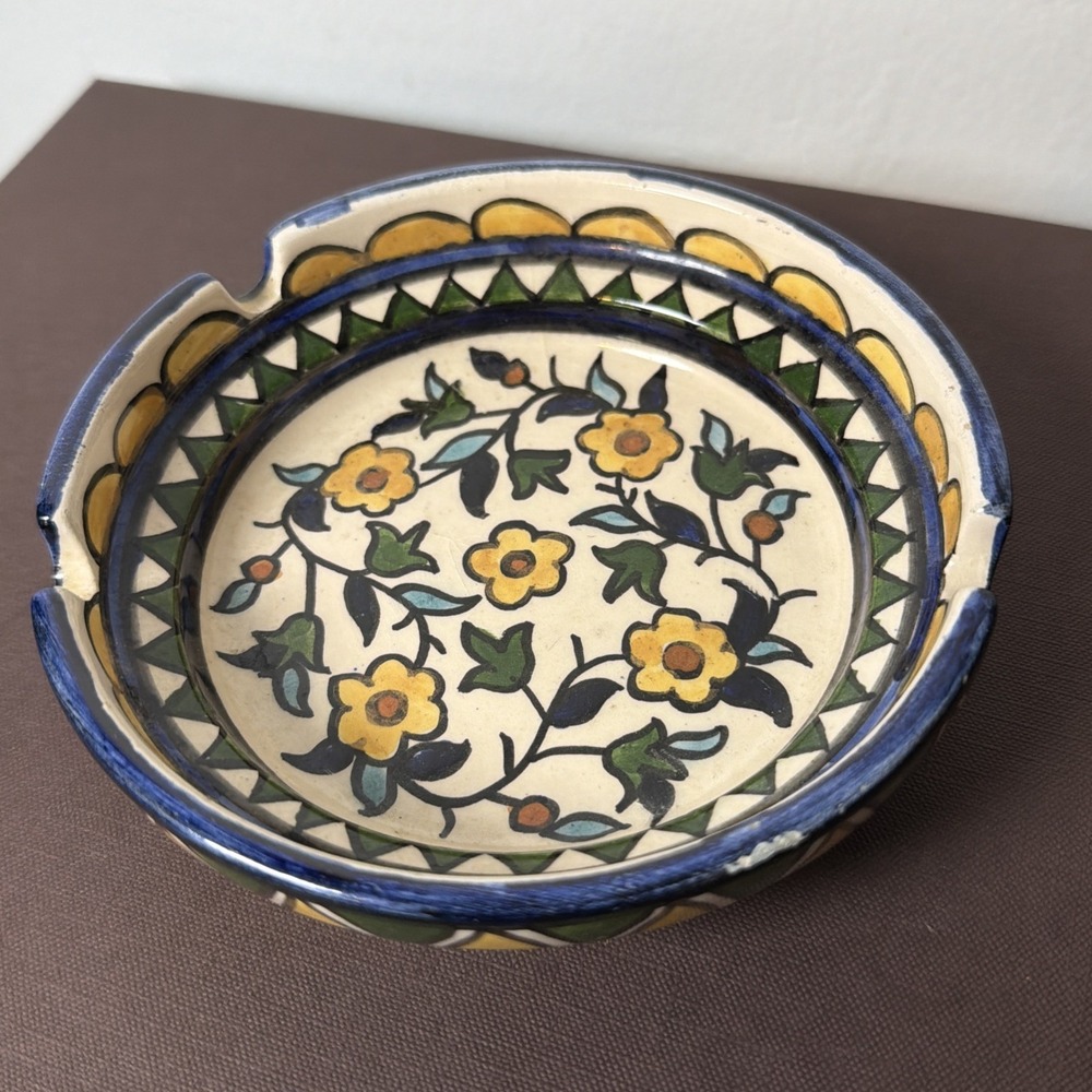 Vintage Jerusalem Armenian‎ Ceramic Ashtray Hand Painted Pottery Israel Floral